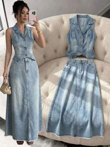 DAZY Bộ đồ nữ gồm áo khoác denim không tay và chân váy dài, kiểu dáng thường ngày, thích hợp cho mùa xuân/hè. - Màu xanh lam - Xem 11