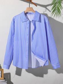 SHEIN 青少年男孩藍色直條紋襯衫，簡約休閒風，適合日常外出、海灘度假、返校穿搭，秋季穿著，2026年秋冬款 - 藍色 - 查看 3