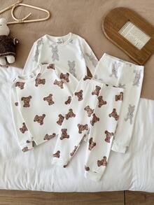 LMoss Kids Conjunto de 4 piezas de ropa de estar en casa para bebé niño con camiseta de cuello redondo de punto con estampado lindo de conejo & oso + pantalones largos de ajuste ceñido - Multicolor - Ver 2