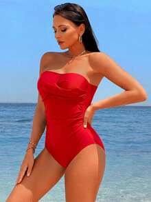 Swim Lushoire Traje de baño de una pieza con bandeau de unicolor para vacaciones en la playa - Rojo - Ver 4
