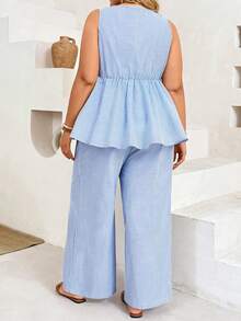 Plussiva Plus Size  Blue Striped Resort Two-Piece Set,Maternity Vacation Casual Striped Tank Top & Long Pants 2 Pieces Set - Blue - View 3