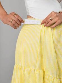 Momance Fresh Yellow Striped High Waist Maternity Midi Skirt, Vacation Style Woven Loose Fit Baby Shower Spring Casual Fall Beach Fall - Yellow - View 5