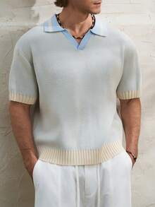Manfinity Dauomo Men's Plus Size Summer Carnival Season Old Money Style Light Blue Gradient Knit Polo Shirt , Beach Vacation Comfortable - Baby Blue - View 5