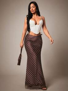 Radiana Women's Autumn Sexy Elegant Chic Brown And White Polka Dot Satin Contrast Lace Mermaid Skirt, Low Waist Skirt, Lace Trim Patchwork Skirt, Skirt - Brown - View 4