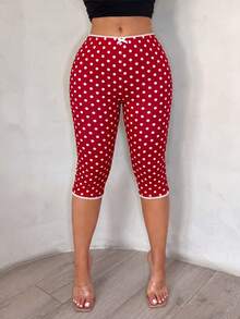 SHEIN SXY Red And White Polka Dot Print High-Elastic Knit High-Waist Slim-Fit 7/8 Length Leggings With Lace Trim Casual Tropical Date Night Vacation Summer - Red - View 7
