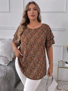 SHEIN CURVE+ 大尺碼女款花卉印花雙層袖優雅襯衫 夏季女裝上衣 可愛趣味襯衫 - 彩色 - 查看 8