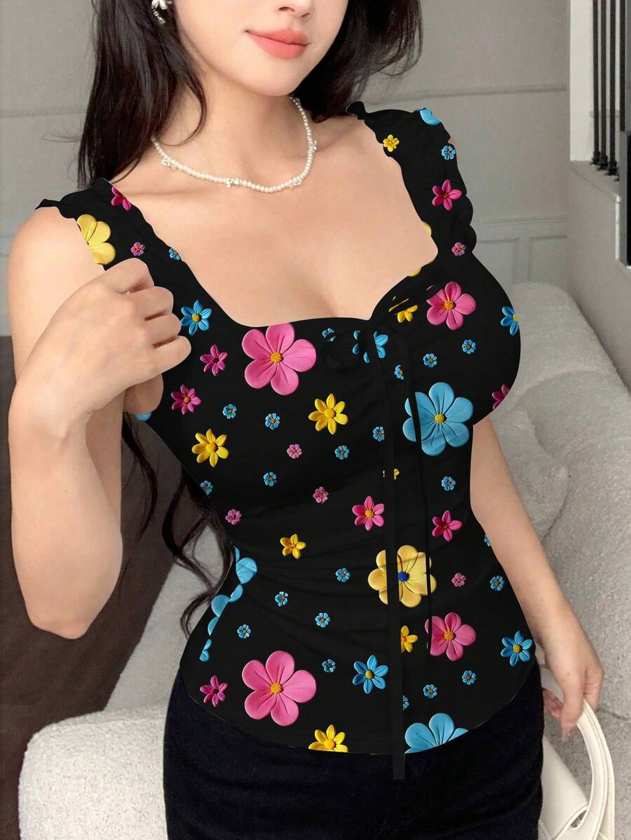 Modelyn 女款夏季蝴蝶結心形領荷葉邊修身繫腰細肩帶背心,性感可愛緊身背心,適合外出與內搭,休閒日常穿著、約會、派對,極簡無袖背心 - 黑色 - 查看 1