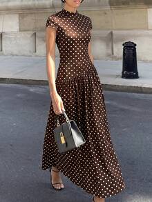 Firerie Minimalist Elegant Daily Wear Unique Solid Color Short Sleeve Fitted Stand Collar Asymmetrical A-Line Cinched Waist Long Dress - Chocolate Brown - View 6