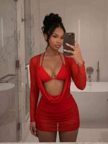 SHEIN DivaQ Summer Sexy Mesh Cowl Neck Cover-Up Bikini 3 Pieces Set Club Night Red - Red - View 7