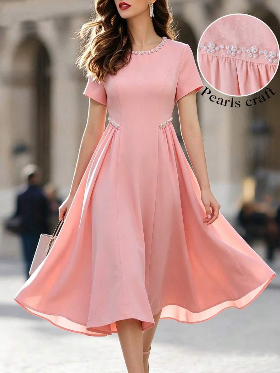 SHEIN Women's Elegant Party & Commute Pearl Decor Ruched Waist Pink Midi Dress Summer Outfit For Women Vacation Outfits For Women Casual Dresses For Women