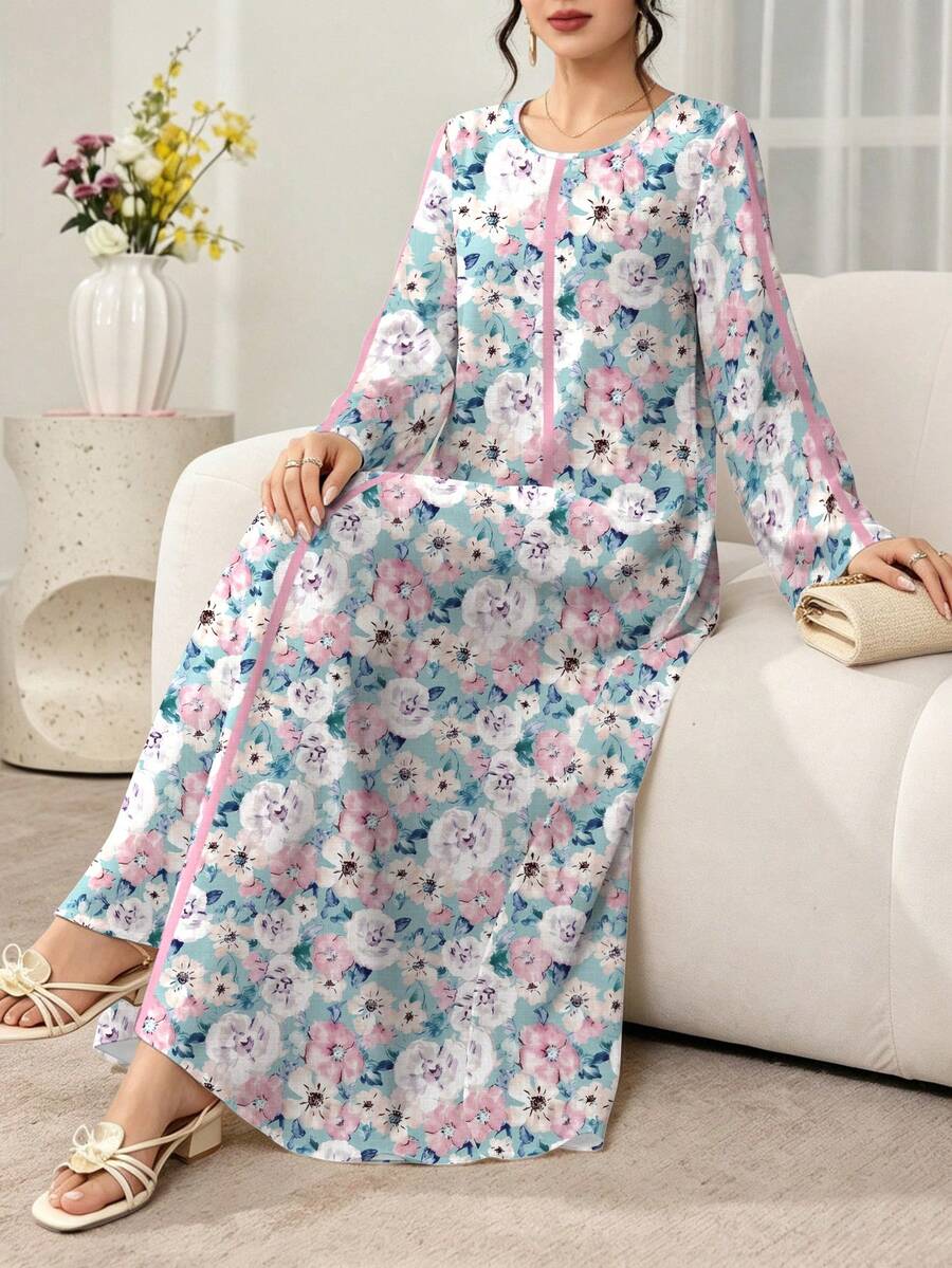 SHEIN Najma 復古花卉與粉色條紋印花女款時尚圓領長袖花卉洋裝,藍色優雅花卉圖案長洋裝,舒適女裝,適合春夏穿著 - 彩色 - 查看 1
