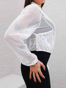 Maju Mazalli 女式高领运动夹克 - 性感透视带口袋，休闲跑步、健身、户外活动，长袖 - 白色 - 查看 4