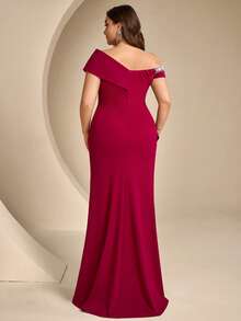 Coutiva Plus Size Women's Rhinestone Decorated Asymmetric Neck Elegant Formal Evening Gown (Heavy Embellished Style) - Burgundy - View 2