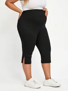 Plussiva Plus-Size Maternity Black Adjustable Waist Casual Versatile Everyday Capri Pants For Summer - Black - View 5