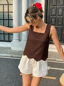 Pariaura Atasan Tank Top Wanita Berkerah Persegi dengan Bordir Renda, Lembut dan Nyaman untuk Musim Semi dan Musim Panas - Coffee Brown - View 5