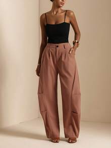 Vesra Women's Solid Color Casual Versatile Button Pocket Pleated Long Pants - Brown - View 1