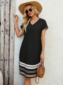 EMERY ROSE Women's Summer Short-Sleeved Dress With Geometric Pattern Print Casual - Black - View 5
