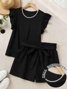 SHEIN LUNE 休闲简约浪漫复古手工贝壳花装饰加大码女式黑色圆领短袖短裤两件套，适合夏季度假 - 彩色 - 查看 1