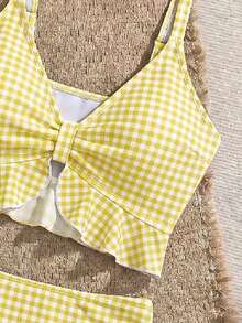Swim Mod Women's Summer Beach Holiday Plaid Ruffle Trim Tank Bikini - Pale Yellow - View 5