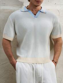 Manfinity Dauomo Men's Plus Size Summer Carnival Season Old Money Style Light Blue Gradient Knit Polo Shirt , Beach Vacation Comfortable - Baby Blue - View 7