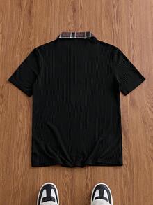 ESTAVOR Kemeja Polo Pria Kasual Musim Panas Motif Kotak-kotak Patchwork - Hitam - View 3