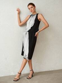 MOTF PREMIUM CONTRAST COLOR RUFFLE SLEEVELESS TOP AND SKIRT 2 PIECES SET - Black - View 7