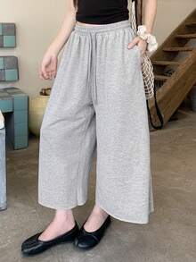 DAZY Solid Color Loose Cropped Pants Elastic Waist Casual Vacation Summer Women's Sweatpants School - Grey - View 5