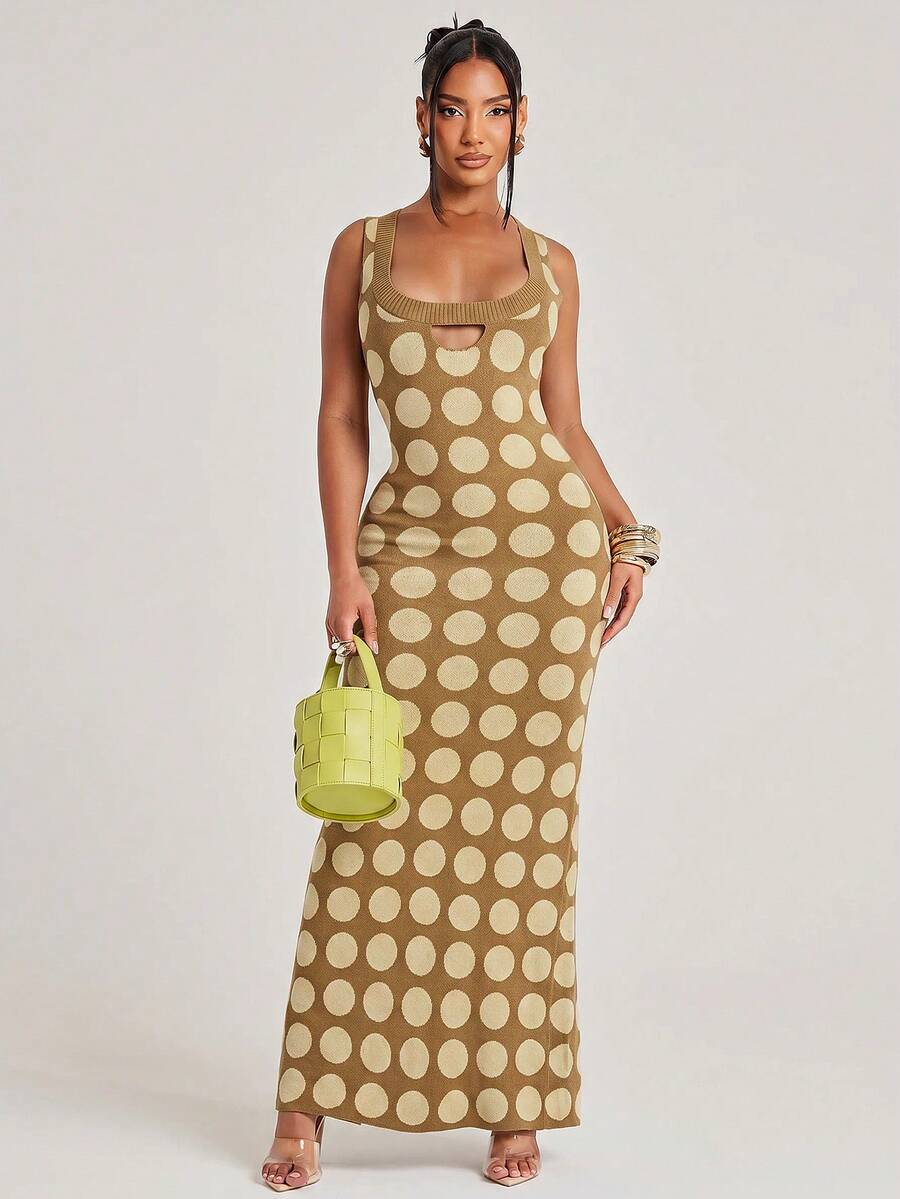 NYA SZN Knit Dress Sleeveless Cutout Detail Polka Dot Vibrant Unique Scoop Neckline Ribbed Maxi Summer Statement Unique Bridal Shower Outfits For Women - Khaki - View 1