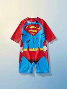 Maija Kids SUPERMAN X SHEIN 兒童小男孩可愛圖案短袖針織連身泳衣 - 紅色 - 查看 2