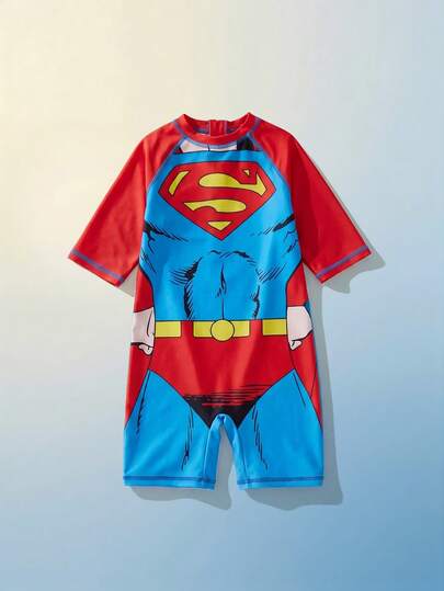 Maija Kids SUPERMAN X SHEIN Young Boy Cute Pattern Short Sleeve Knit One-Piece Swimsuit