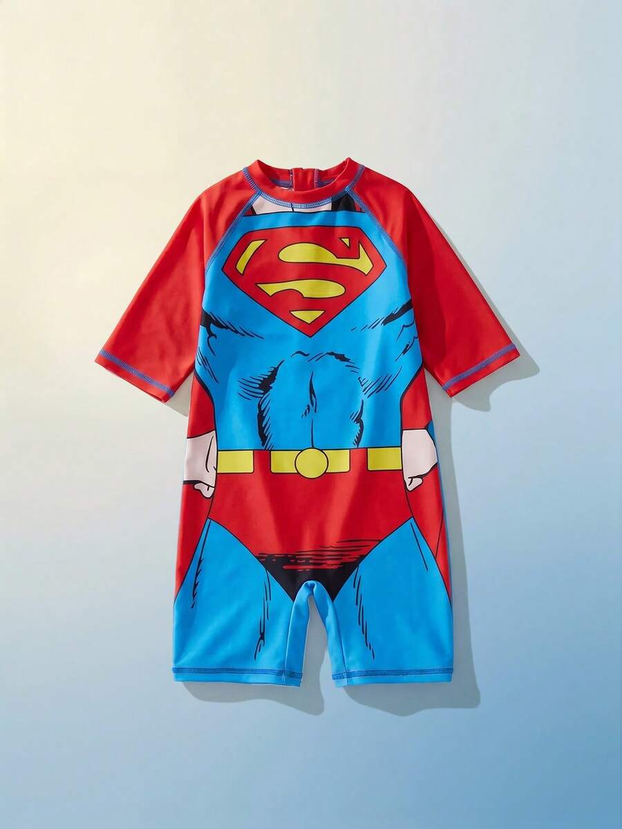 Maija Kids SUPERMAN X SHEIN 兒童小男孩可愛圖案短袖針織連身泳衣 嬰兒粉紅色紅色 夏季萬聖節海灘生日 - 紅色 - 查看 1