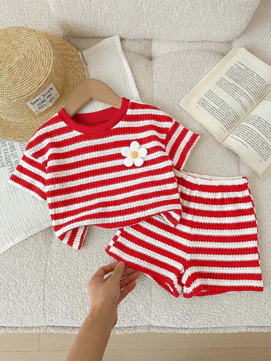 SHEIN LMoss Kids 女童小女孩針織圓領條紋寬鬆休閒T恤短褲兩件套 - 紅色 - 查看 1