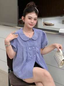 Dazy Plus 格紋彼得領休閒韓系學院風短袖大尺碼女款春夏藍色襯衫 - 藍色 - 查看 7