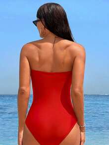 Swim Lushoire Traje de baño de una pieza con bandeau de unicolor para vacaciones en la playa - Rojo - Ver 2
