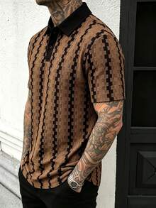 Manfinity Homme Kemeja Polo Pria Ukuran Besar Gaya Klasik Bertekstur Longgar, Kerah Kontras Lengan Pendek, Polo untuk Perjalanan Kantor bagi Profesional Muda - Coffee Brown - View 3