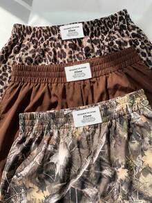 SHEIN EZwear 大尺碼豹紋素色迷彩樹枝印花牛仔休閒短褲3件組 - 棕色 - 查看 4