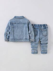 SHEIN 2件組男嬰十字圖案藍色丹寧做舊夾克與彈性修身牛仔褲 - 藍色 - 查看 2