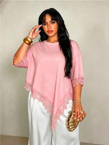 Rustia Plus Size Women's Contrast Lace Drop Shoulder Asymmetrical Hem T-Shirt - Pink - View 5