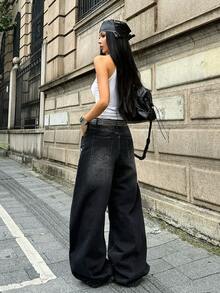 Coolane 女款春夏街頭風外出穿著 Y2K 牛仔女郎休閒虎紋印花復古水洗寬腿低腰棉質黑色香蕉哈倫褲 - 黑色 - 查看 6