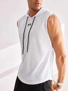 Driftmere Men's Barbell Print Drawstring Waist Hooded Sports Tank Top, Gym Workout Running - White - View 6