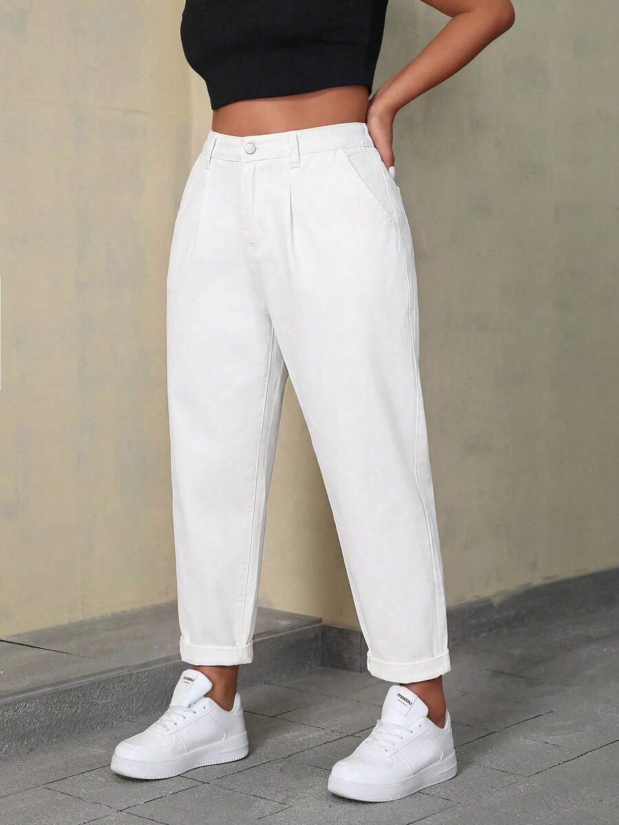 SHEIN ICON Plus Size Women's Pocket Tapered Casual Versatile Denim Jeans - White - View 1