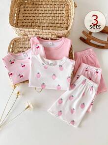 SHEIN Playful Pals 6 Peças Conjunto Casual Diário para Bebê Menina com Top de Manga Curta Gola Redonda Listrado em Damasco Branco e Rosa com Cintura Elástica, Versátil para Passeios ou Conforto em Casa, Primavera/Verão - Rosa chiclete - Visão 10