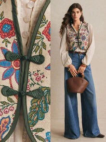 Poéselle 女款夏季波希米亞風花卉圖案飾邊鈕扣背心 米色 度假風 - 彩色 - 查看 1