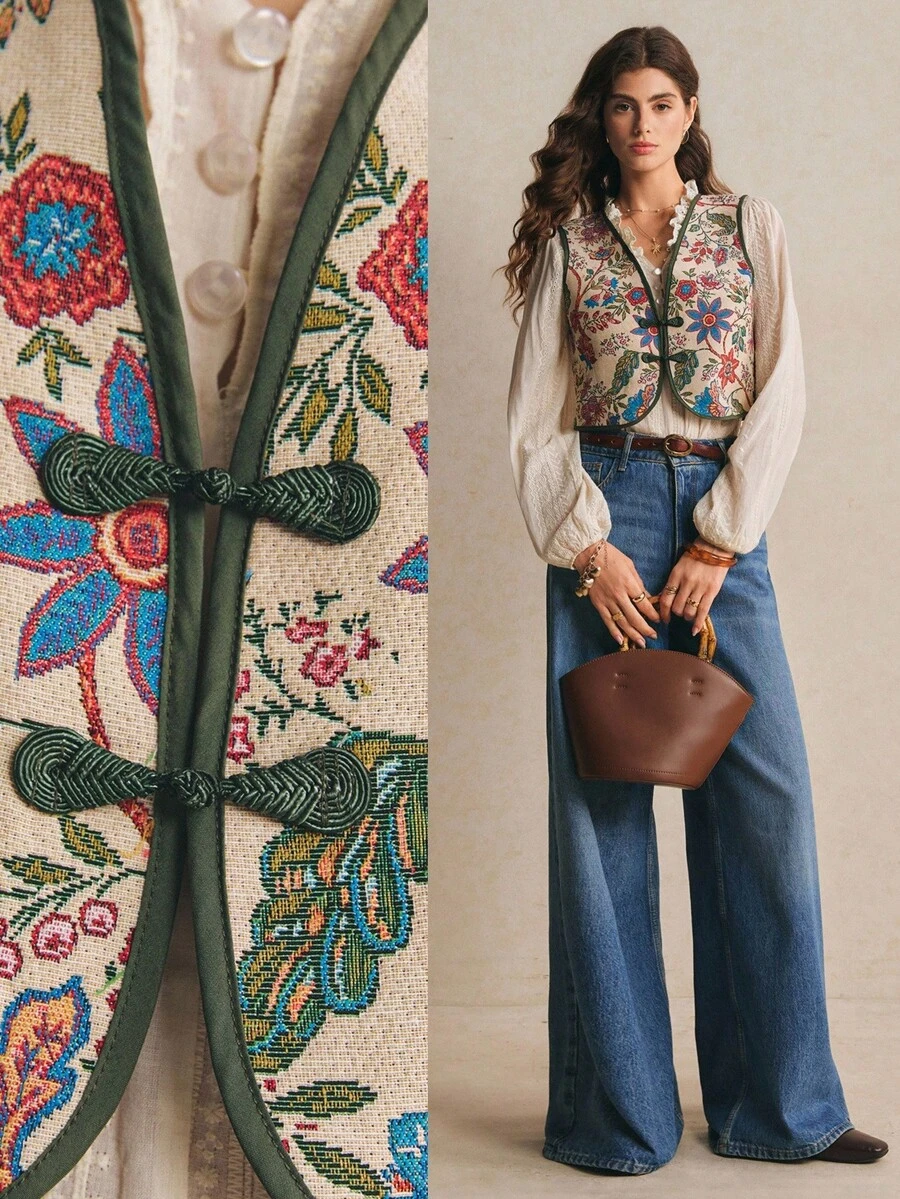 Poéselle 女款夏季波希米亞風花卉圖案飾邊鈕扣背心 米色 度假風 - 彩色 - 查看 1