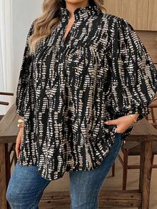 SHEIN CURVE+ 大尺碼女款全印花缺口V領長袖寬鬆襯衫 - 彩色 - 查看 7