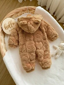 Newborn Baby Girl Autumn/Winter Cute 3D Ear Fluffy Zipper Hooded Romper - Mocha Brown - View 2