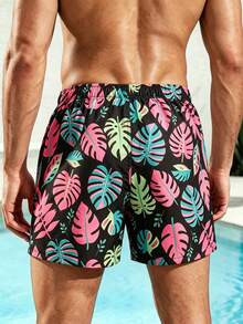 Manfinity Swimmode 男士熱帶植物印花抽繩腰沙灘短褲 - 彩色 - 查看 4