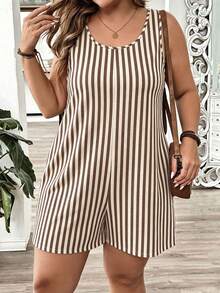 EMERY ROSE Mono de talla grande casual minimalista a rayas con bloques de color, bolsillo y cuello redondo - Multicolor - Ver 5
