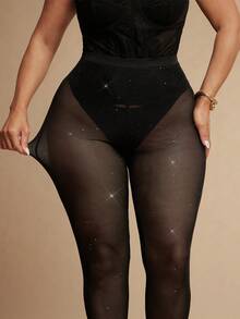 SHEIN BAE CURVE 大尺碼黑色、櫻桃紅、酒紅色透明連身褲內搭褲，緊身貼身內搭褲、褲襪、修身、素色洋裝、女款基本洋裝、西方女裝、夏季洋裝、緊身洋裝、復活節、春季服裝、馬爾迪格拉斯/馬爾迪格拉斯裝扮、情人節、情人節禮物、性感、Y2K、時尚、電音派對、音樂節 - 黑色 - 查看 1