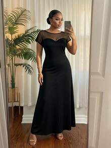 SHEIN Lady CURVE 大尺碼夏季優雅網紗拼接洋裝 - 黑色 - 查看 6
